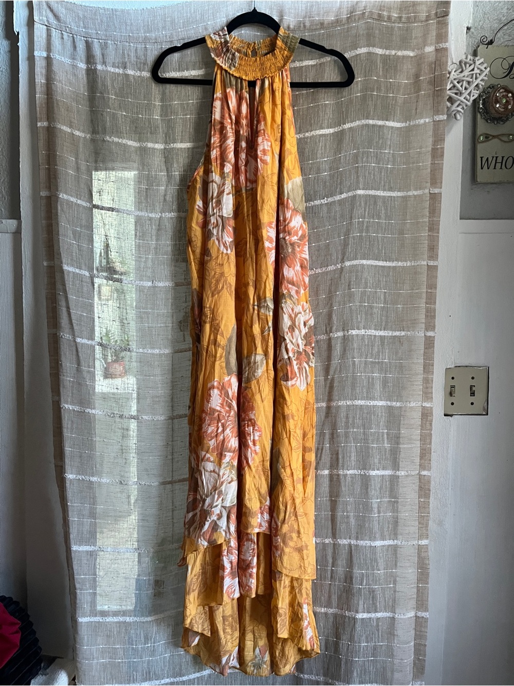 Mlle Gabrielle Mustard Yellow Floral Draped Panel with Pink Accents